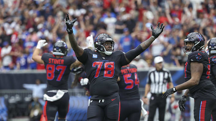 Oct 6, 2024; Houston, Texas, USA; Houston Texans offensive tackle Laremy Tunsil (78) celebrates after the Texans defeated the Buffalo Bills at NRG Stadium. Mandatory Credit: Troy Taormina-Imagn Images