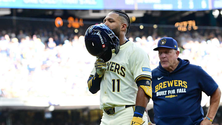 Oct 4, 2025; Milwaukee, Wisconsin, USA; Milwaukee Brewers left fielder Jackson Chourio (11) leaves the game after an apparent injury during the second inning of game one of the NLDS round for the 2025 MLB playoffs at American Family Field. Mandatory Credit: Benny Sieu-Imagn Images