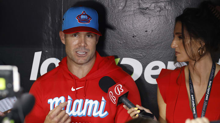 Jun 3, 2023; Miami, Florida, USA; Miami Marlins manager Skip Schumaker (55) addresses the media