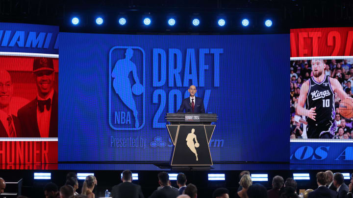 Jun 26, 2024; Brooklyn, NY, USA; NBA commissioner Adam Silver speaks before the first round of the 2024 NBA Draft at Barclays Center. Mandatory Credit: Brad Penner-USA TODAY Sports