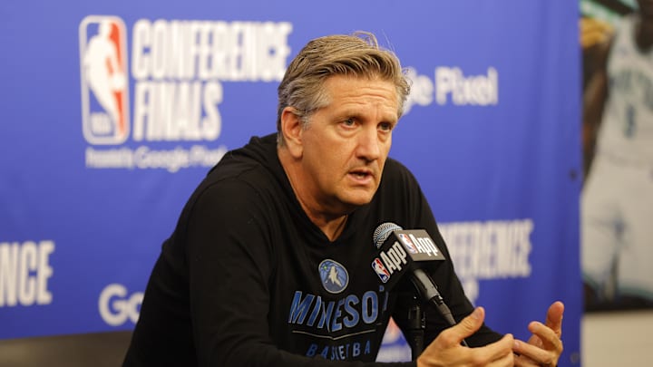 May 22, 2024; Minneapolis, Minnesota, USA; Minnesota Timberwolves head coach Chris Finch speaks in a press conference before the game against the Dallas Mavericks in game one of the western conference finals for the 2024 NBA playoffs at Target Center. Mandatory Credit: Bruce Kluckhohn-USA TODAY Sports