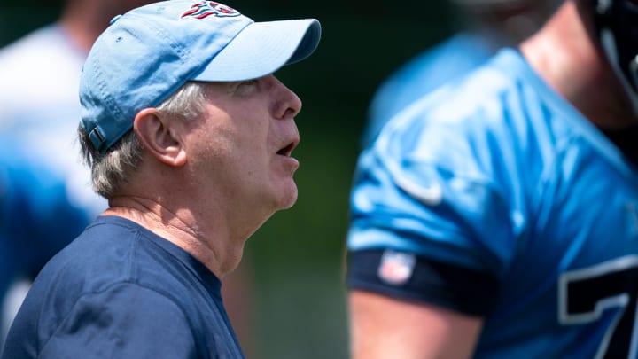Offensive line coach Bill Callahan runs drills during Tennessee Titans practice at Ascension Saint Thomas Sports Park in Nashville, Tenn., Wednesday, May 29, 2024