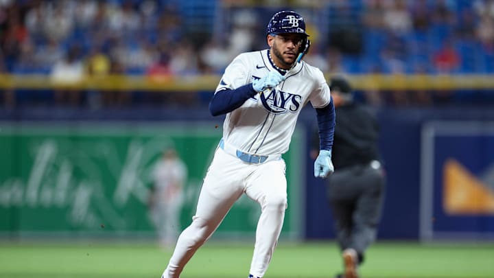Sep 19, 2024; St. Petersburg, Florida, USA; Tampa Bay Rays outfielder Jose Siri (22) runs the bases against the Boston Red Sox in the third inning at Tropicana Field. Mandatory Credit: Nathan Ray Seebeck-Imagn Images Sep 19, 2024; St. Petersburg, Florida, USA; Tampa Bay Rays outfielder Jose Siri (22) runs the bases against the Boston Red Sox in the third inning at Tropicana Field. Mandatory Credit: Nathan Ray Seebeck-Imagn Images