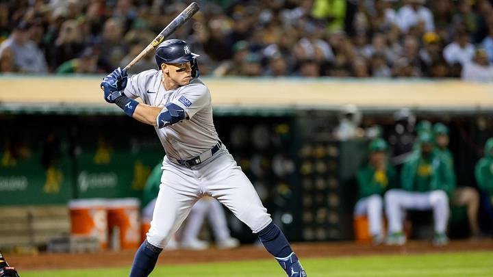 Sep 20, 2024; Oakland, California, USA; New York Yankees outfielder Aaron Judge (99) at bat during the sixth inning against the Oakland Athletics at Oakland-Alameda County Coliseum. Mandatory Credit: Bob Kupbens-Imagn Images