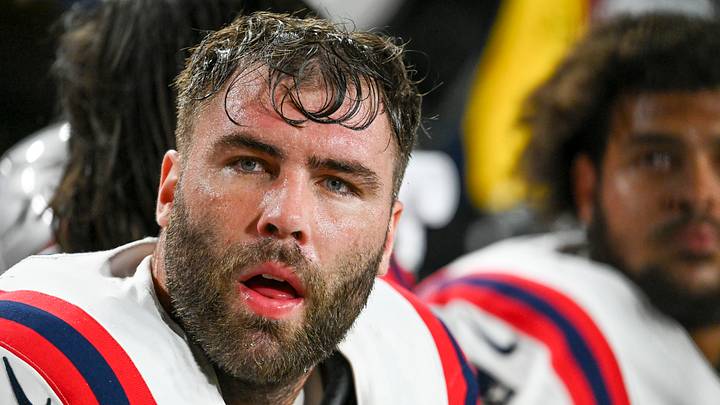 Aug 25, 2024; Landover, Maryland, USA; New England Patriots offensive tackle Kellen Diesch (72) sits on the bench during the second half of the game against the Washington Commanders  at Commanders Field. Mandatory Credit: Tommy Gilligan-USA TODAY Sports