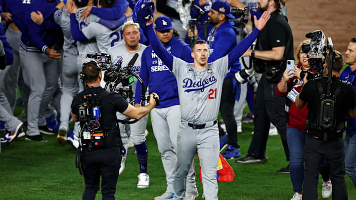 Oct 30, 2024; New York, USA, LAD; Los Angeles Dodgers pitcher Walker Buehler (21) celebrates after the Los Angeles Dodgers beat the New York Yankees in game four to win the 2024 MLB World Series at New York. Mandatory Credit: Wendell Cruz-MLB