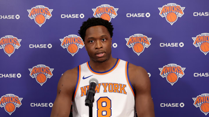 Sep 30, 2024; New York, NY, USA; New York Knicks forward OG Anunoby speaks during a media day press conference at the MSG training facility in Tarrytown, NY. Mandatory Credit: Brad Penner-Imagn Images