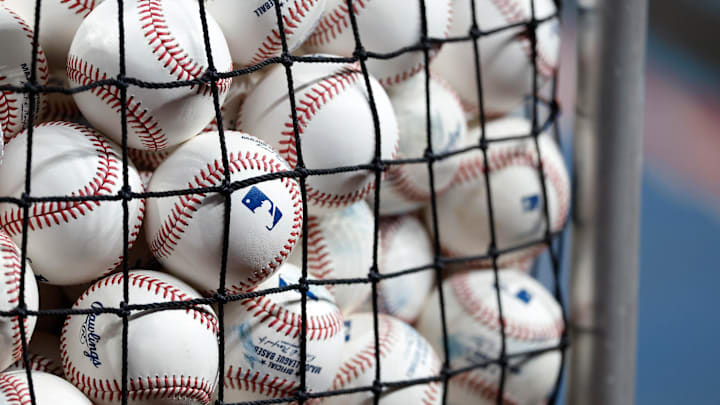 Mar 29, 2025; Miami, Florida, USA; Miami Marlins baseballs sit in a bucket against the Pittsburgh Pirates before the game at loanDepot Park. Mandatory Credit: Rhona Wise-Imagn Images Mar 29, 2025; Miami, Florida, USA; Miami Marlins baseballs sit in a bucket against the Pittsburgh Pirates before the game at loanDepot Park. Mandatory Credit: Rhona Wise-Imagn Images