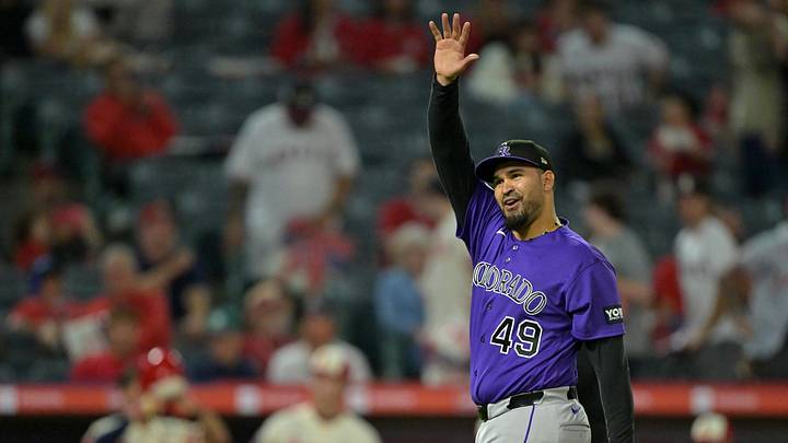 Jun 1, 2026; Anaheim, California, USA; Colorado Rockies pitcher Antonio Senzatela (49) celebrates after earning a win in the ninth inning against the Los Angeles Angels at Angel Stadium. Mandatory Credit: Jayne Kamin-Oncea-Imagn Images