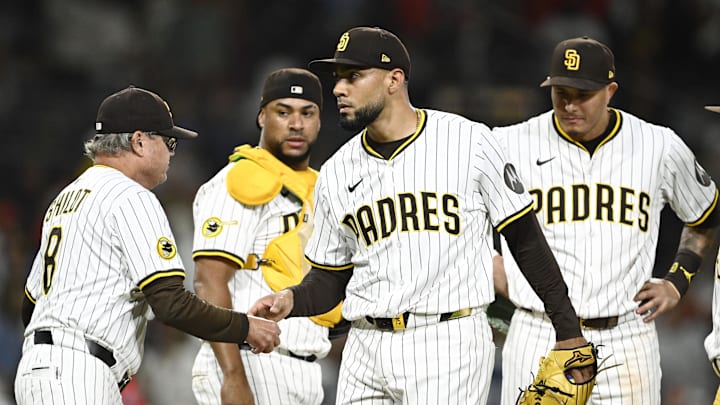 San Diego Padres relief pitcher Robert Suarez (75) leaves the game during the ninth inning against the Los Angeles Angels at Petco Park on May 12. San Diego Padres relief pitcher Robert Suarez (75) leaves the game during the ninth inning against the Los Angeles Angels at Petco Park on May 12.