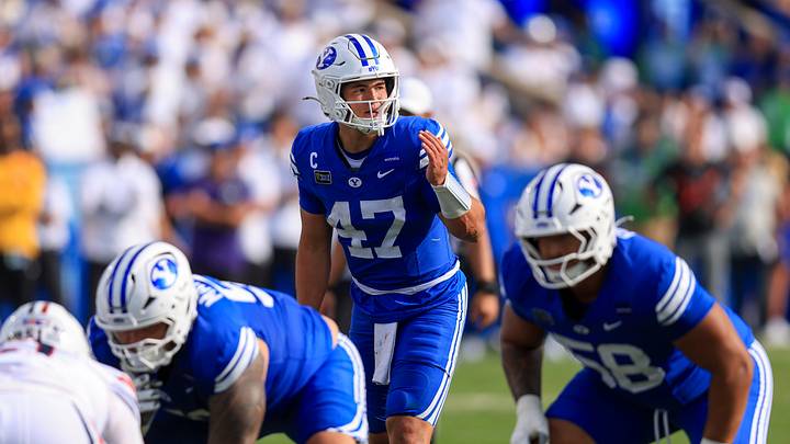 Sep 12, 2026; Provo, Utah, USA; BYU Cougars quarterback Bear Bachmeier (47) instructs the team against the Arizona Wildcats during the second half at LaVell Edwards Stadium. Mandatory Credit: Rob Gray-Imagn Images Sep 12, 2026; Provo, Utah, USA; BYU Cougars quarterback Bear Bachmeier (47) instructs the team against the Arizona Wildcats during the second half at LaVell Edwards Stadium. Mandatory Credit: Rob Gray-Imagn Images