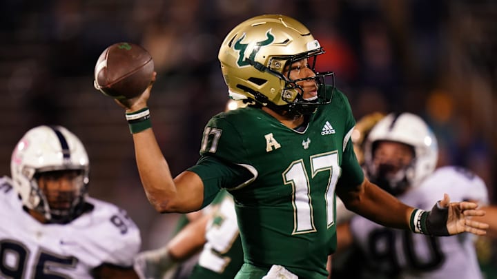 Oct 21, 2023; East Hartford, Connecticut, USA;  South Florida Bulls quarterback Byrum Brown (17)