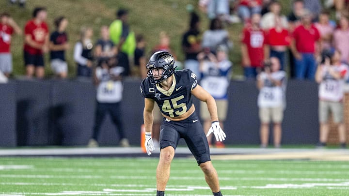 Sep 11, 2025; Winston-Salem, North Carolina, USA;  Wake Forest Demon Deacons defensive back Nick Andersen (45) in the first half against North Carolina State Wolfpack at Allegacy Federal Credit Union Stadium. Mandatory Credit: Luke Jamroz-Imagn Images