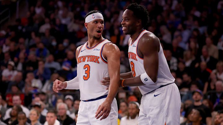 Oct 25, 2024; New York, New York, USA; New York Knicks guard Josh Hart (3) and forward OG Anunoby (8) react during the third quarter against the Indiana Pacers at Madison Square Garden. Mandatory Credit: Brad Penner-Imagn Images Oct 25, 2024; New York, New York, USA; New York Knicks guard Josh Hart (3) and forward OG Anunoby (8) react during the third quarter against the Indiana Pacers at Madison Square Garden. Mandatory Credit: Brad Penner-Imagn Images