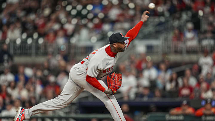 Boston Red Sox relief pitcher Aroldis Chapman (44) pitches against the Atlanta Braves during the ninth inning at Truist Park on May 30.