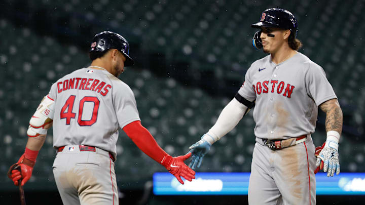 May 4, 2026; Detroit, Michigan, USA;  Boston Red Sox left fielder Jarren Duran (16) receives congratulations from first baseman Willson Contreras (40)  after he hits a three run home run in the seventh inning against the Detroit Tigers at Comerica Park. Mandatory Credit: Rick Osentoski-Imagn Images