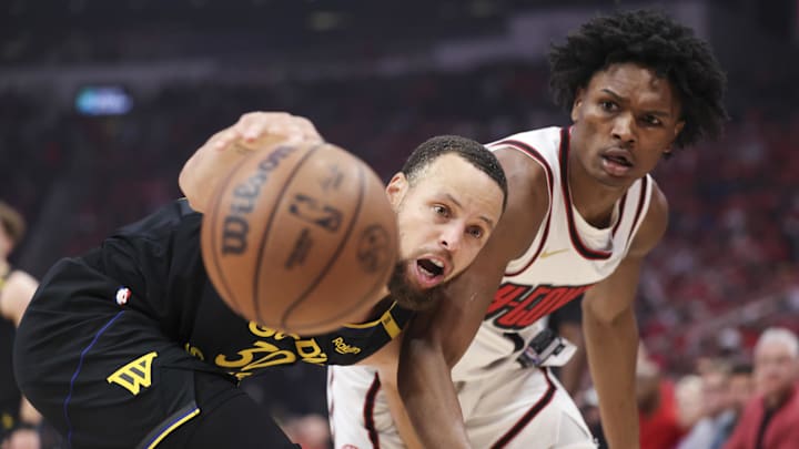 May 4, 2025; Houston, Texas, USA; Golden State Warriors guard Stephen Curry (30) attempts to get control of a loose ball away from Houston Rockets forward Amen Thompson (1) during the first quarter of game seven of the first round for the 2025 NBA Playoffs at Toyota Center. Mandatory Credit: Troy Taormina-Imagn Images May 4, 2025; Houston, Texas, USA; Golden State Warriors guard Stephen Curry (30) attempts to get control of a loose ball away from Houston Rockets forward Amen Thompson (1) during the first quarter of game seven of the first round for the 2025 NBA Playoffs at Toyota Center. Mandatory Credit: Troy Taormina-Imagn Images