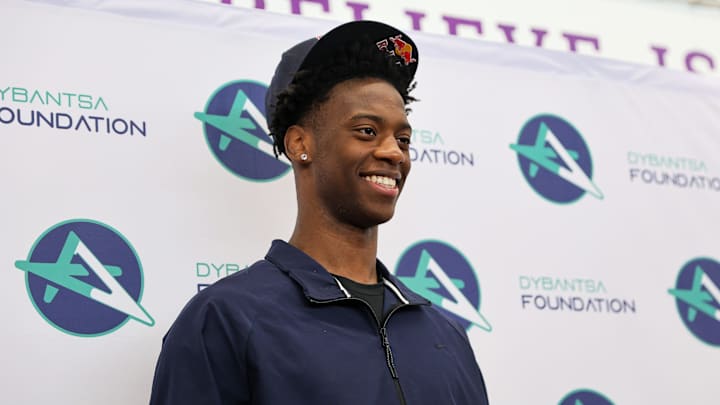 Brockton’s AJ Dybantsa spends time with Davis School students after declaring for the 2026 NBA Draft at Davis School (K-8) in Brockton, Massachusetts on Thursday, April 23, 2026.