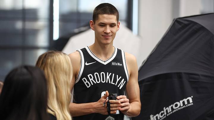 Sep 23, 2025; Brooklyn, NY, USA;  Brooklyn Nets guard Egor Demin (8) at Media Day. Mandatory Credit: Wendell Cruz-Imagn Images