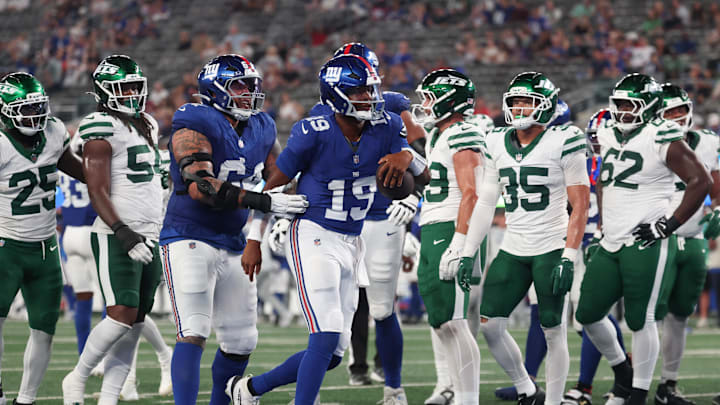 Aug 16, 2025; East Rutherford, New Jersey, USA; New York Giants quarterback Jameis Winston (19) celebrates a rushing touchdown  during the second half against the New York Jets at MetLife Stadium. Mandatory Credit: Vincent Carchietta-Imagn Images