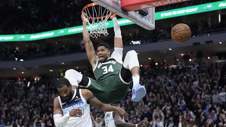 Apr 8, 2025; Milwaukee, Wisconsin, USA; Milwaukee Bucks forward Giannis Antetokounmpo (34) dunks the ball against Minnesota Timberwolves guard Mike Conley (10) in the second half at Fiserv Forum. Mandatory Credit: Michael McLoone-Imagn Images Apr 8, 2025; Milwaukee, Wisconsin, USA; Milwaukee Bucks forward Giannis Antetokounmpo (34) dunks the ball against Minnesota Timberwolves guard Mike Conley (10) in the second half at Fiserv Forum. Mandatory Credit: Michael McLoone-Imagn Images