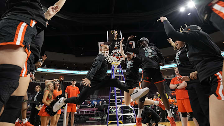 March 11, 2025; Las Vegas, NV, USA; Oregon State Beavers head coach Scott Rueck celebrates after defeating the Portland Pilots after the game in the final of the West Coast Conference tournament at Orleans Arena. Mandatory Credit: Kyle Terada-Imagn Images
