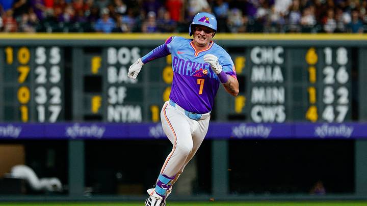 Colorado Rockies first baseman TJ Rumfield (7) runs to third on a triple in the sixth inning against the St. Louis Cardinals at Coors Field. Mandatory Credit: Isaiah J. Downing-Imagn Images