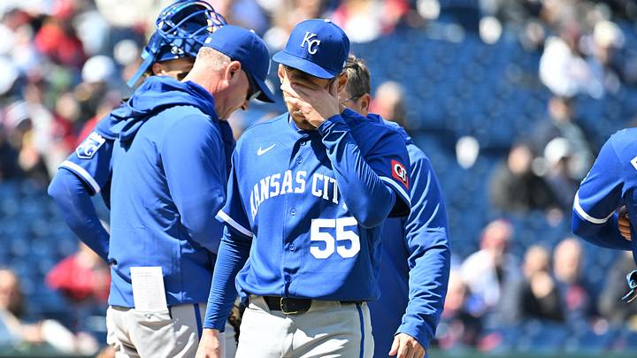 Apr 8, 2026; Cleveland, Ohio, USA; Kansas City Royals starting pitcher Cole Ragans (55) leaves the field after being injured during the first inning against the Cleveland Guardians at Progressive Field. Mandatory Credit: Ken Blaze-Imagn Images