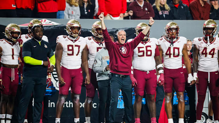 Nov 21, 2025; Raleigh, North Carolina, USA; Florida State Seminoles head coach Mike Norvell reacts during the first half of the game against NC State Wolfpack at Carter-Finley Stadium. Mandatory Credit: Jaylynn Nash-Imagn Images