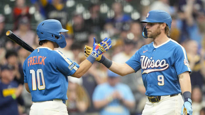 Apr 12, 2026; Milwaukee, Wisconsin, USA;  Milwaukee Brewers first baseman Jake Bauers (9) celebrates with right fielder Sal Frelick (10) after hitting a home run during the fourth inning against the Washington Nationals at American Family Field. Mandatory Credit: Jeff Hanisch-Imagn Images