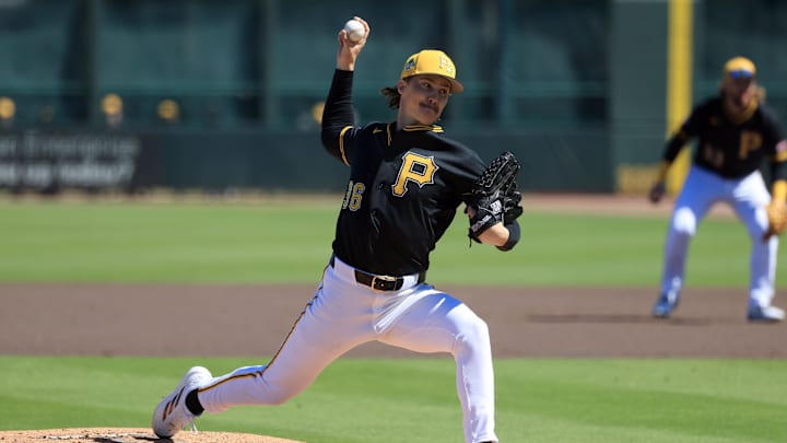 Feb 23, 2026; Bradenton, Florida, USA; Pittsburgh Pirates pitcher Bubba Chandler (36) throws a pitch during the second inning against the New York Yankees at LECOM Park. Mandatory Credit: Kim Klement Neitzel-Imagn Images