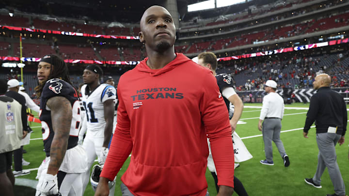 Aug 16, 2025; Houston, Texas, USA; Houston Texans head coach DeMeco Ryans walks on the field after the game against the Carolina Panthers at NRG Stadium. Mandatory Credit: Troy Taormina-Imagn Images