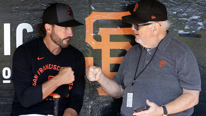 Sep 12, 2026; San Francisco, California, USA;  San Francisco Giants manager Tony Vitello (left) conducts a pregame interview with broadcaster Jon Miller before facing the San Diego Padres at Oracle Park.  Mandatory Credit: D. Ross Cameron-Imagn Images