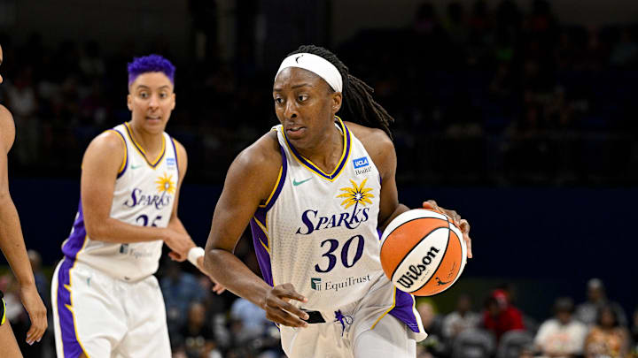 Jul 22, 2023; Arlington, Texas, USA; Los Angeles Sparks forward Nneka Ogwumike (30) brings the ball