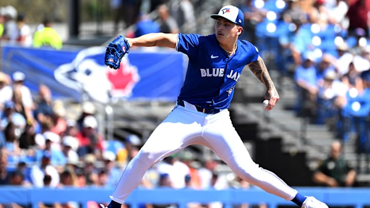 Mar 15, 2024; Dunedin, Florida, USA; Toronto Blue Jays starting pitcher Ricky Tiedemann (70) throws a pitch in the first inning of a spring training game against the Detroit Tigers at TD Ballpark. Mandatory Credit: Jonathan Dyer-Imagn Images