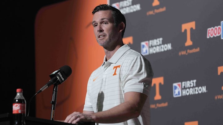 Tennessee football offensive coordinator/quarterbacks coach Joey Halzle speaks to the media during football media day, in Knoxville, Tennessee, July 29, 2025.