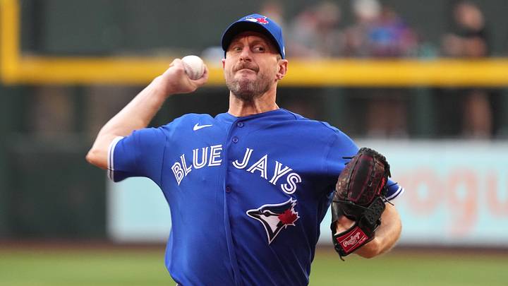 Toronto Blue Jays pitcher Max Scherzer throws. Toronto Blue Jays pitcher Max Scherzer throws.