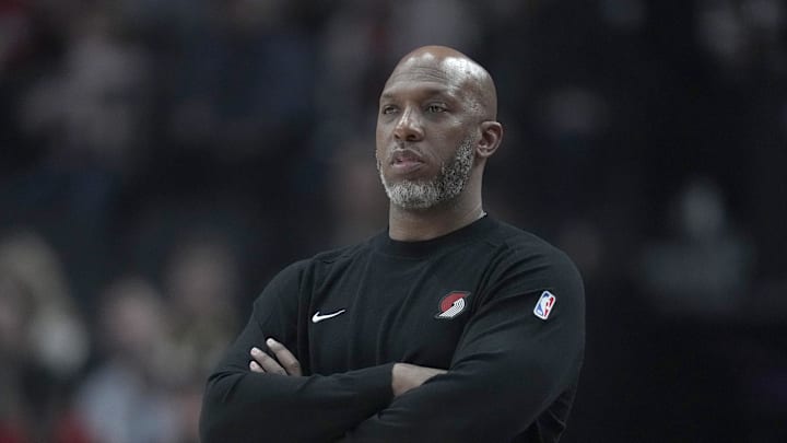 Dec 30, 2024; Portland, Oregon, USA; Portland Trail Blazers head coach Chauncey Billups watches from the sideline during the first half against the Philadelphia 76ers at Moda Center. Mandatory Credit: Soobum Im-Imagn Images