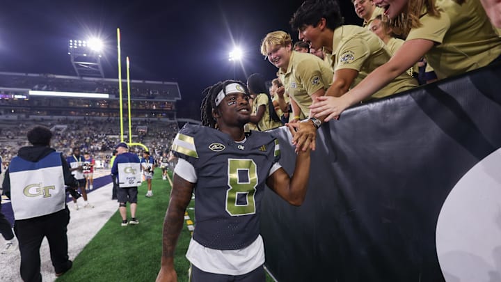 Sep 20, 2025; Atlanta, Georgia, USA; Georgia Tech Yellow Jackets wide receiver Malik Rutherford (8) celebrates after a victory over the Temple Owls at Bobby Dodd Stadium at Hyundai Field. Mandatory Credit: Brett Davis-Imagn Images