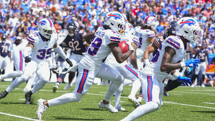 Aug 10, 2024; Orchard Park, New York, USA; Buffalo Bills wide receiver KJ Hamler (19) runs back a kick