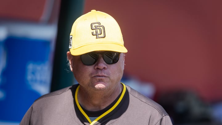 Mar 16, 2025; Tempe, Arizona, USA; San Diego Padres manager Mike Shildt against the Los Angeles Angels during a spring training game at Tempe Diablo Stadium. Mandatory Credit: Mark J. Rebilas-Imagn Images