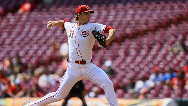 Apr 30, 2025; Cincinnati, Ohio, USA; Cincinnati Reds starting pitcher Brady Singer (51) pitches against the St. Louis Cardinals in the first inning at Great American Ball Park. Mandatory Credit: Katie Stratman-Imagn Images