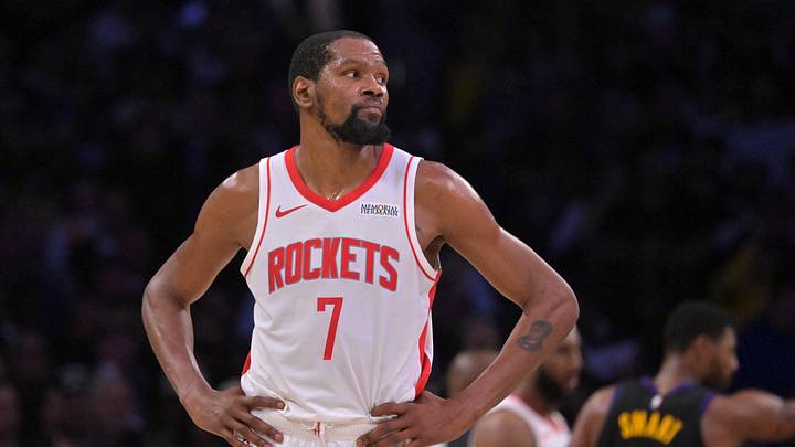 Apr 21, 2026; Los Angeles, California, USA; Houston Rockets forward Kevin Durant (7) looks on from the court in the second half of game two of the first round of the 2026 NBA Playoffs against the Los Angeles Lakers at Crypto.com Arena. Mandatory Credit: Jayne Kamin-Oncea-Imagn Images
