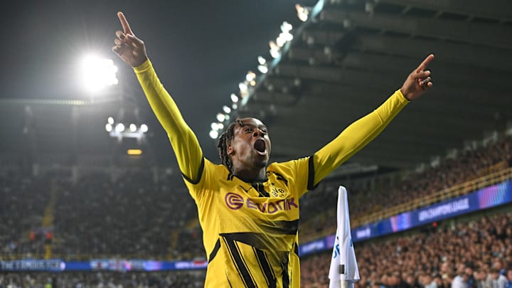 Jamie Gittens celebrates scoring against Club Brugge - a game that Spurs had scouts at 