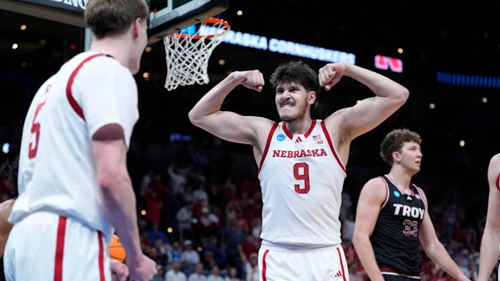 Nebraska forward Berke Buyuktuncel celebrates during a first-round game against Troy in the NCAA Tournament in Oklahoma CIty.