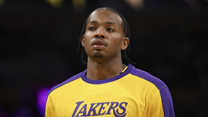 Oct 25, 2024; Los Angeles, California, USA; Los Angeles Lakers guard Quincy Olivari (41) before the game against the Phoenix Suns at Crypto.com Arena. Mandatory Credit: Jonathan Hui-Imagn Images