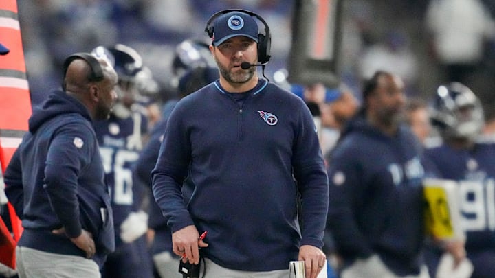 Tennessee Titans head coach Brian Callahan walks the sideline Sunday, Dec. 22, 2024, during a game against the Indianapolis Colts at Lucas Oil Stadium in Indianapolis.