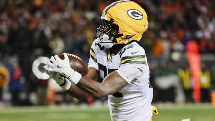 Former Green Bay Packers wide receiver Romeo Doubs (87) catches a thirty-three yard touchdown pass thrown by quarterback Malik Willis (not pictured) against the Chicago Bears during the third quarter at Soldier Field. 