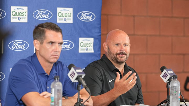 Jul 24, 2024: East Rutherford, NJ, USA: New York Giants head coach Brian Dabol, left, and general manager Joe Schoen talk with the media at Quest Diagnostics Training Facility. 