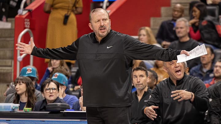 Apr 10, 2025; Detroit, Michigan, USA; New York Knicks Tom Thibodeau Head Coach reacts to a play against the Detroit Pistons during the first half at Little Caesars Arena. Mandatory Credit: David Reginek-Imagn Images